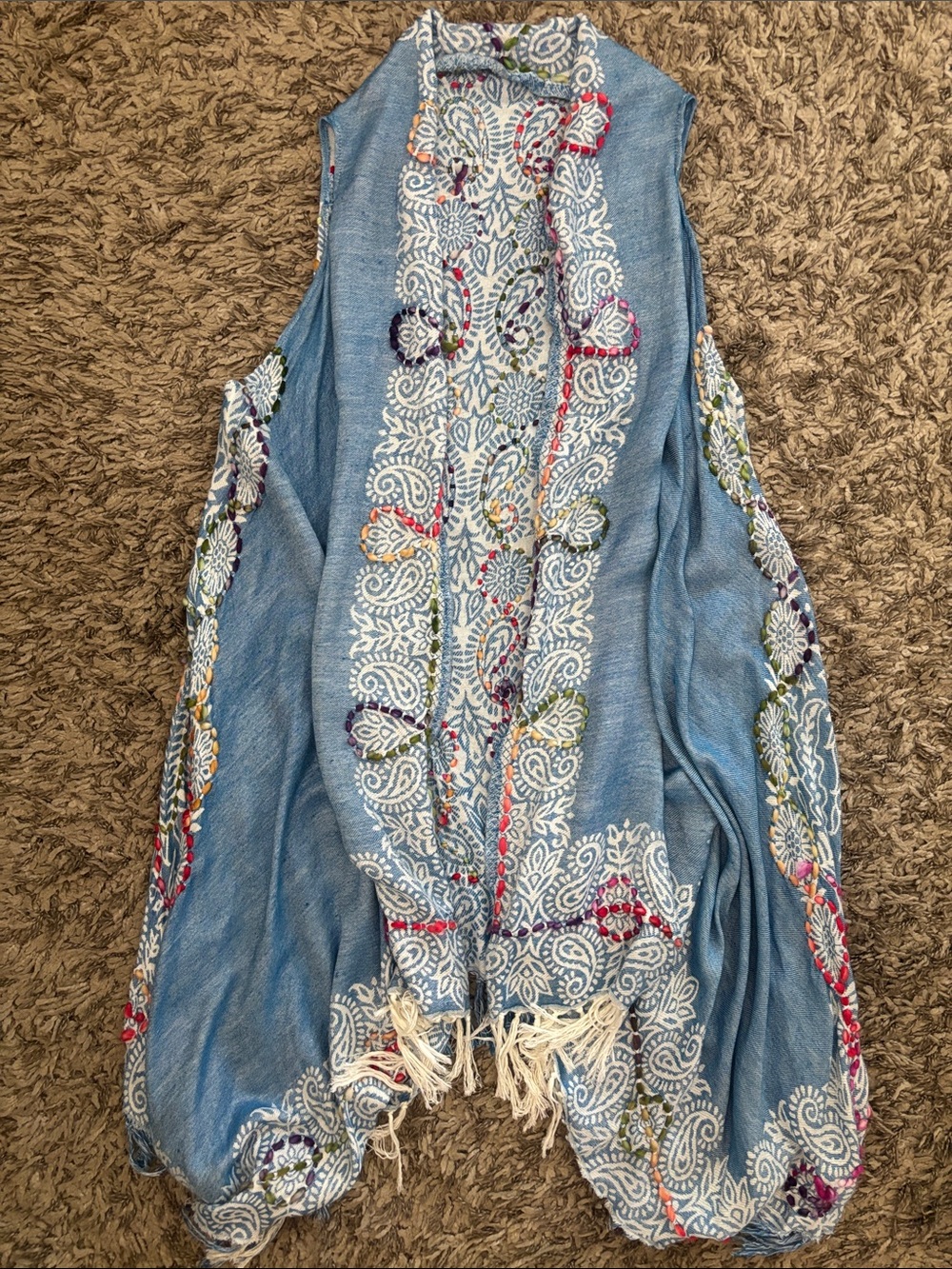 Raj Sky Blue Paisley Embroidered Kimono Vest with Multicolor Stitching